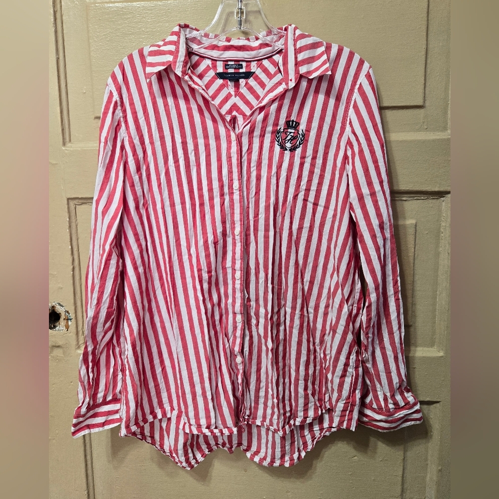 Tommy Hilfiger Relaxed Fit Cotton Blend Red White Button Up Collared Shirt